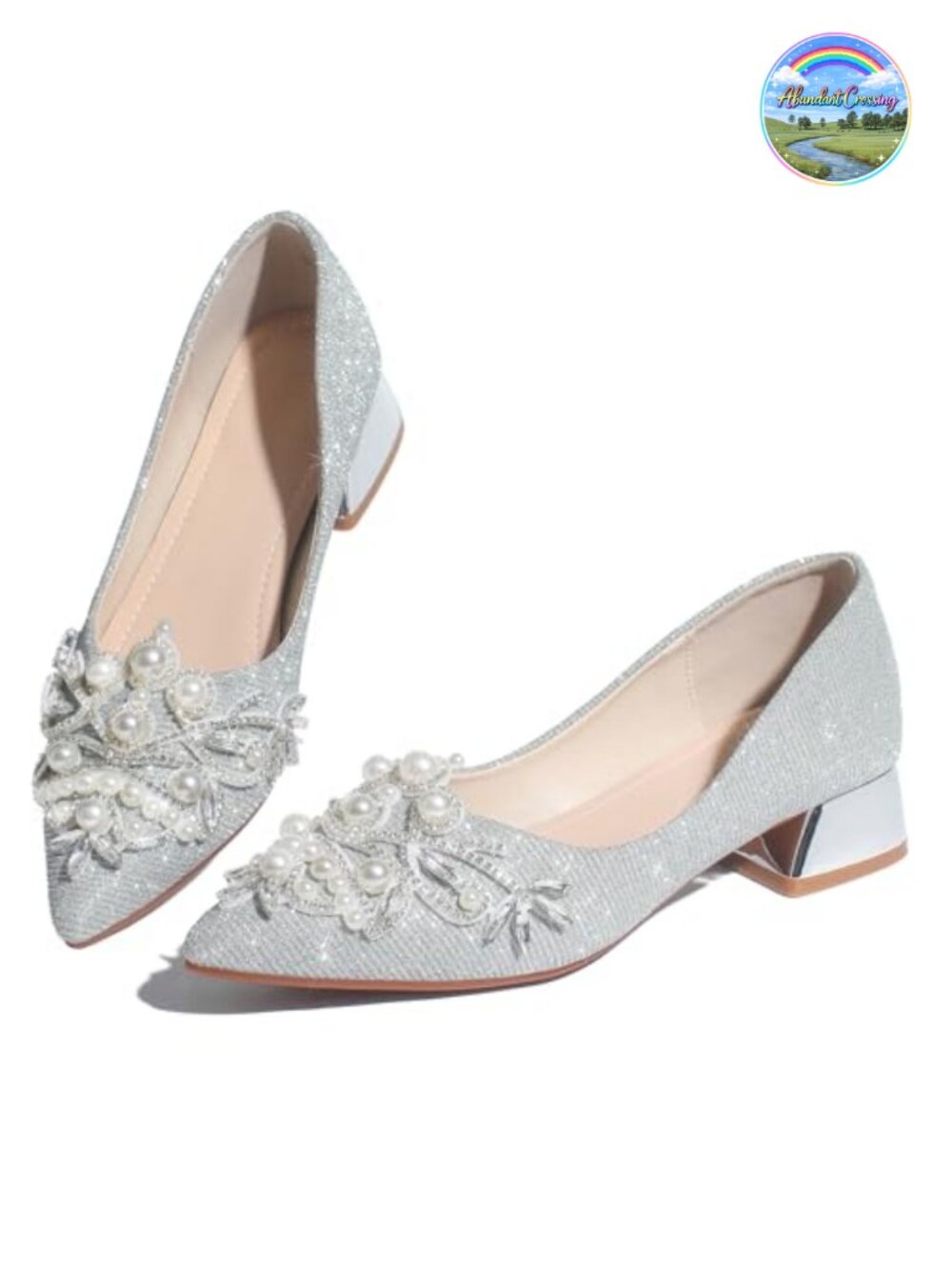 Rhinestone Pearl Low Heel Pointed Toe Pumps for Wedding Work Dance